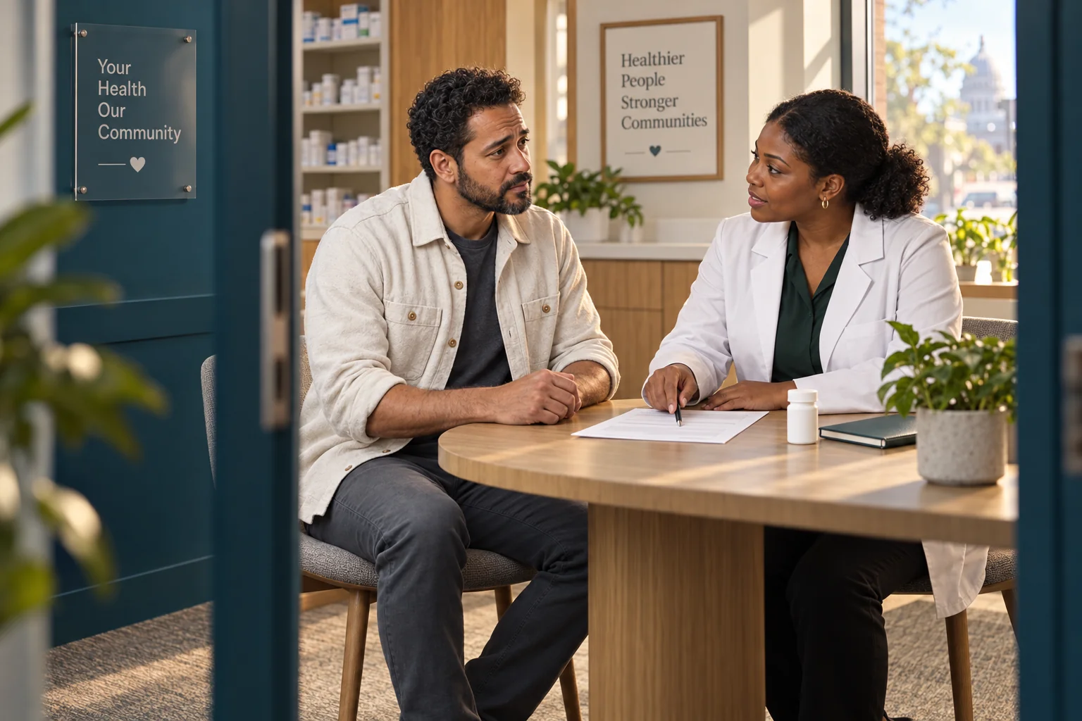 Illustration of the fictional patient discussing a care plan with a pharmacist in a private consultation area.